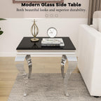 22.8 Inch Glass End Table, Modern Small Square Side Table with Black Tempered Glass Top and Silver Stainless Steel Legs, for Living Room, Bedroom, Apartment