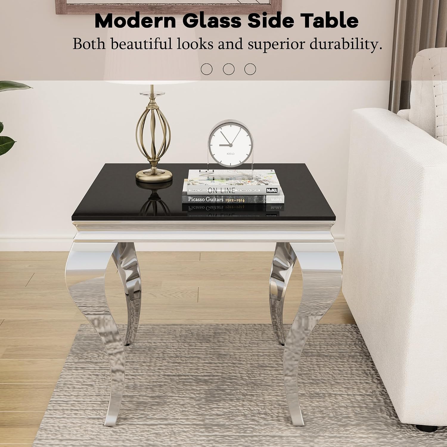 22.8 Inch Glass End Table, Modern Small Square Side Table with Black Tempered Glass Top and Silver Stainless Steel Legs, for Living Room, Bedroom, Apartment