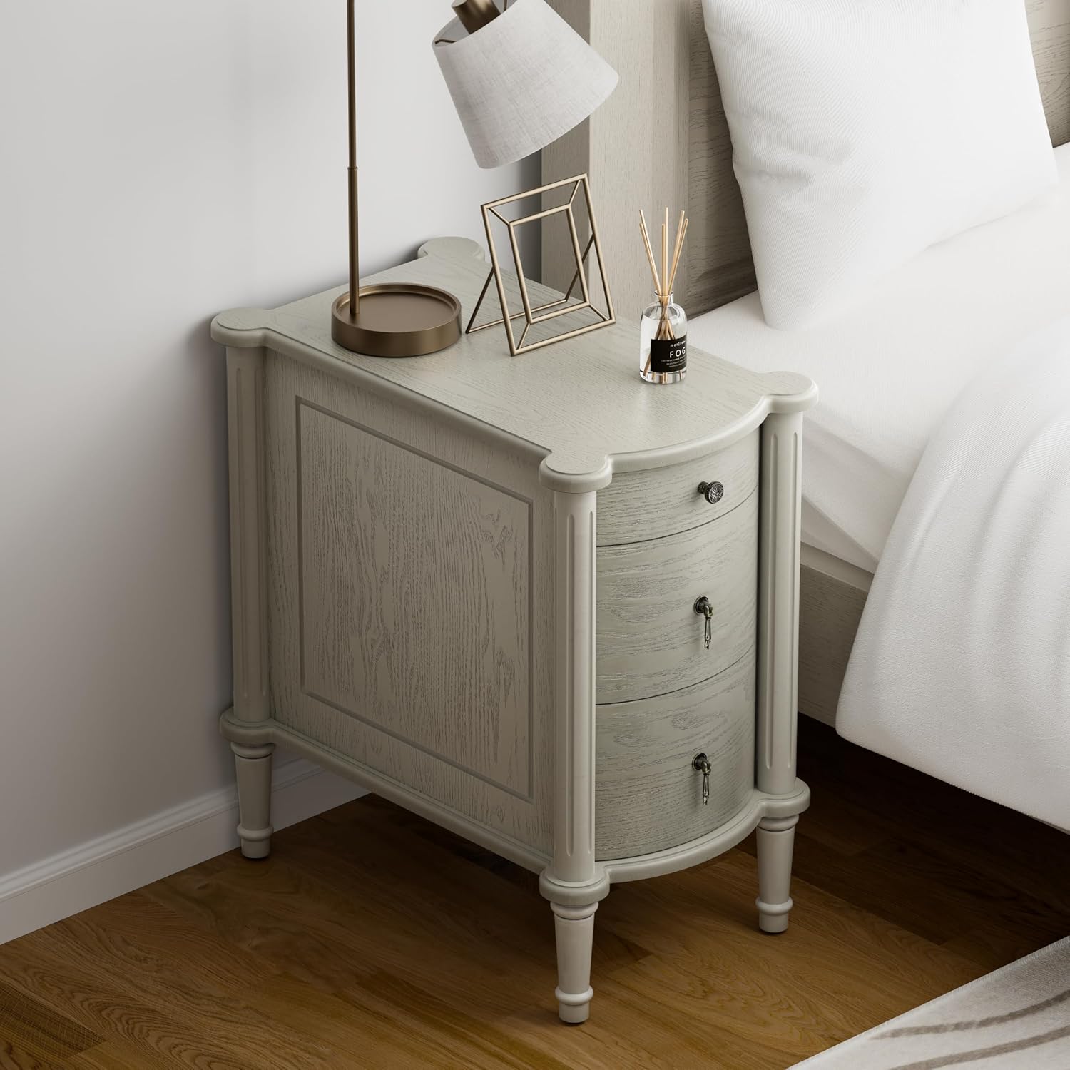 COZAYH Farmhouse 3 Drawer Nightstand with Charging Station, Bedside Table with Vintage Bronze Handles for Bedroom, Almost Fully Assembled, Solid Pine Legs, Distressed Finish, Rustic Gray