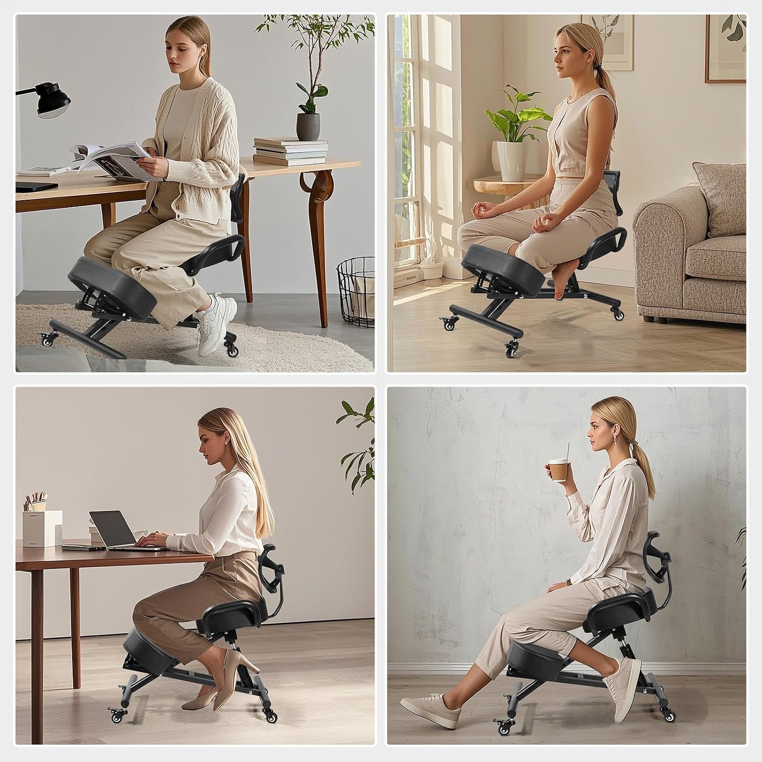 Ergonomic Kneeling Chair with Backrest & Lumbar Support, Adjustable Desk Chair with Wheels & Thick Cushion, Improve Sitting Postures & Relieve Lower Back Pressure, Perfect for Study & Work from Home