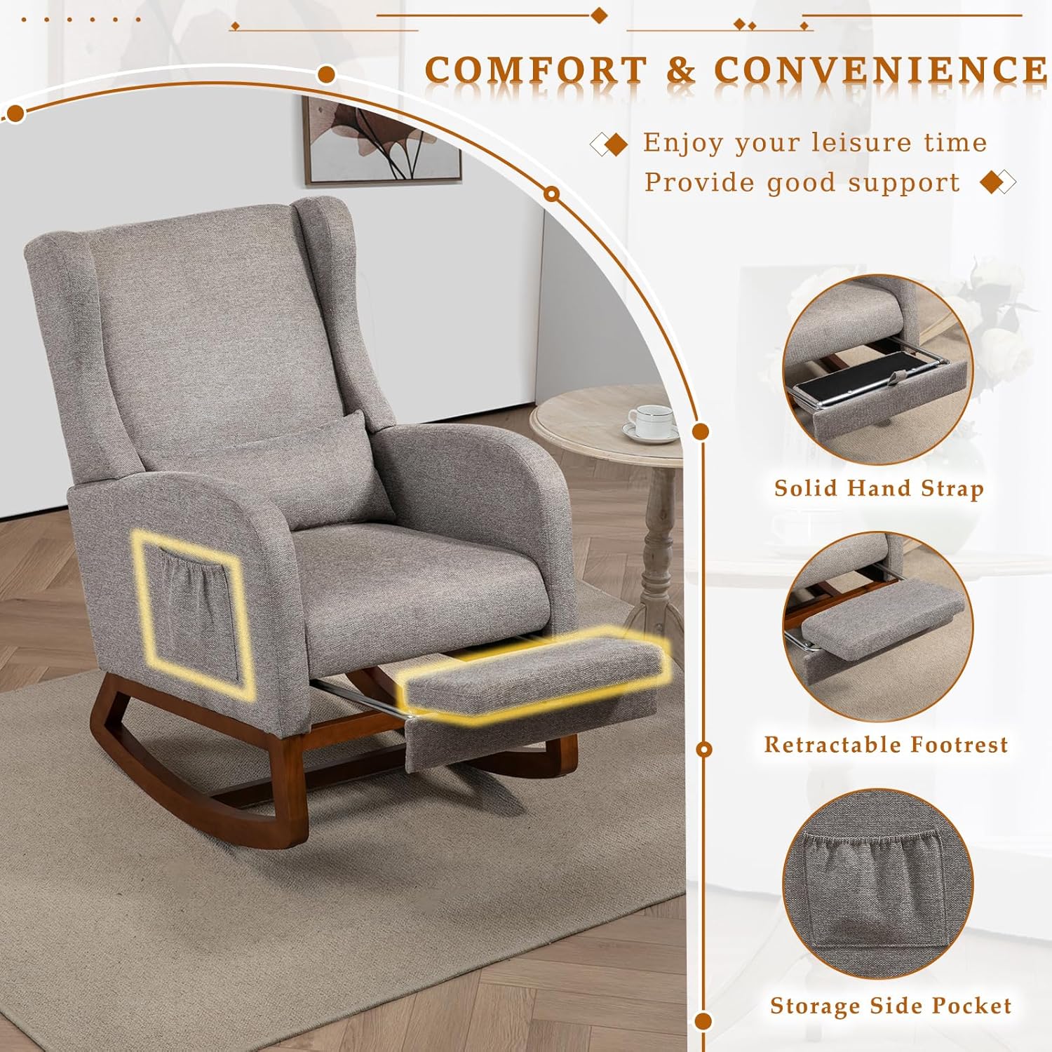 Modern Rocking Chair Nursery Glider, Comfy Rocker Nursery Chair with Foot Rest, Accent Reading Armchair with Pillow and Pocket, Upholstered Lounge Rocker with Solid Wood Base for Relaxing (Taupe)