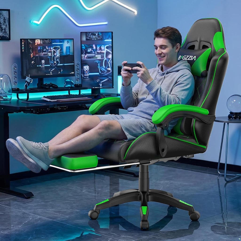 Bigzzia Gaming Chair with Footrest, Ergonomic Computer Game Chair with 20'' Wide Seat, Adjustable Lumbar Support, Headrest, 90°-135° Reclining Gaming Chairs for Adults, Black Green