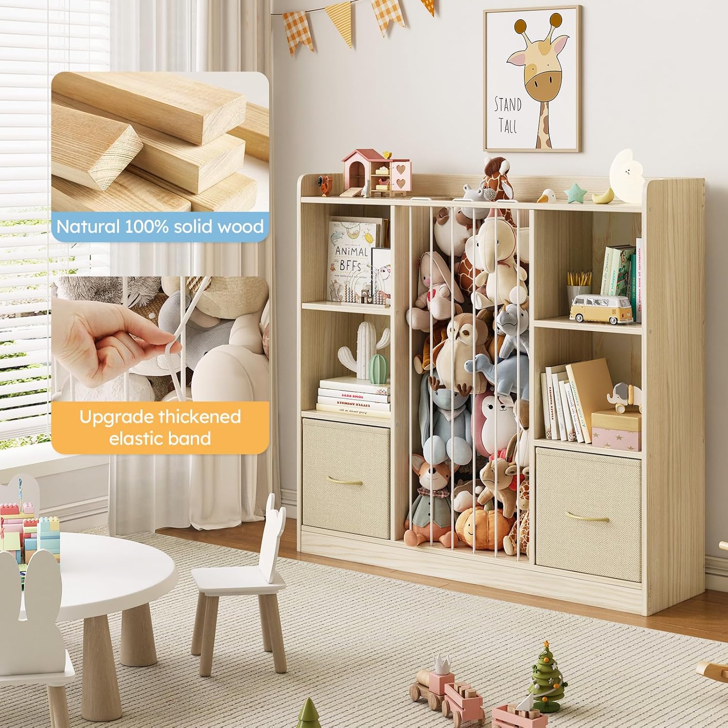 EXPERLAM 4-in-1 Toy Storage Organizer with Stuffed Animal Storage, Solid Pine Kids Bookshelf and Toy Shelf, 6 Cube Shelf with 2 Removable Drawers, Stuffed Animal Zoo for Kids Room, Playroom, Nursery