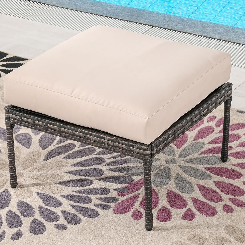 Outdoor Cushioned Ottoman Metal Patio Furniture Ottoman with Beige Cushion Steel Frame