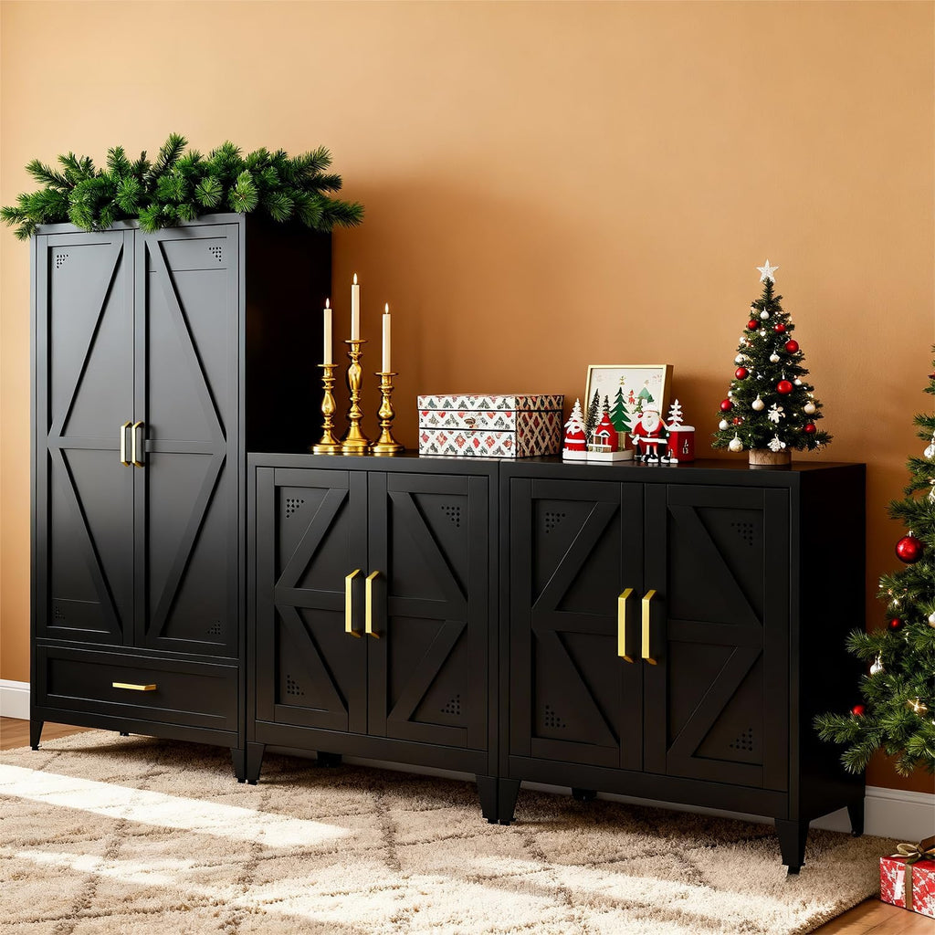 32" Metal Kitchen Pantry Cabinet,Floor Bathroom Storage Cabinet with 2 Adjustable Shelves,Freestanding Sideboard for Small Spaces, Living Room, Hallway, Dining Room,Black