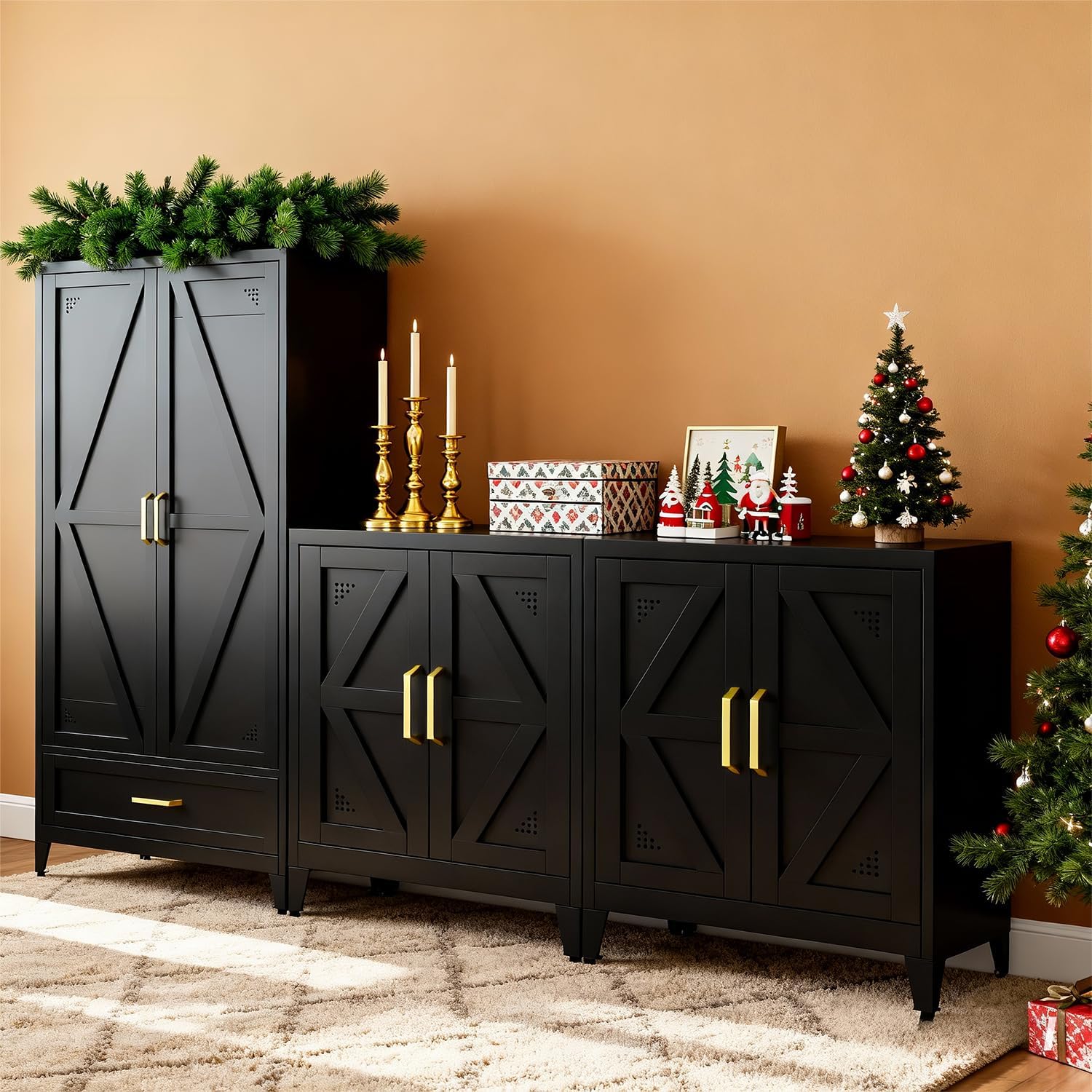 32" Metal Kitchen Pantry Cabinet,Floor Bathroom Storage Cabinet with 2 Adjustable Shelves,Freestanding Sideboard for Small Spaces, Living Room, Hallway, Dining Room,Black