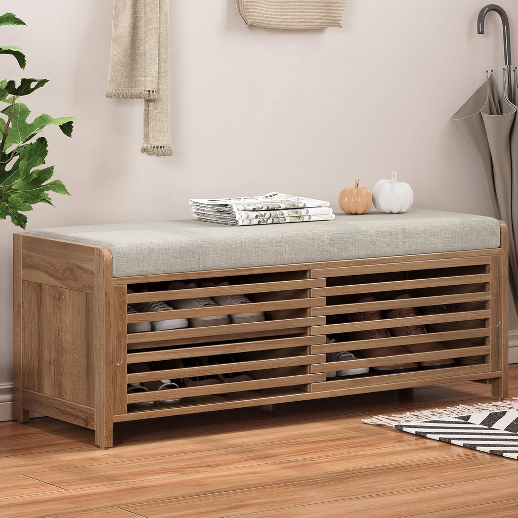 LUMISOL Shoe Bench with Storage and Cushion, Farmhouse Distressed Shutter Storage Bench with Retro Charm for Living Room, Entryway, White Washed