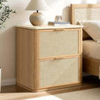 NightStand Set of 2, 23.11" W Rattan Nightstand with 2 Drawers, Faux Marble Top Bedside Table, Boho Mid Century End Table for Bedroom Living Room Sofa Office, Natural Oak [FSC Certified]