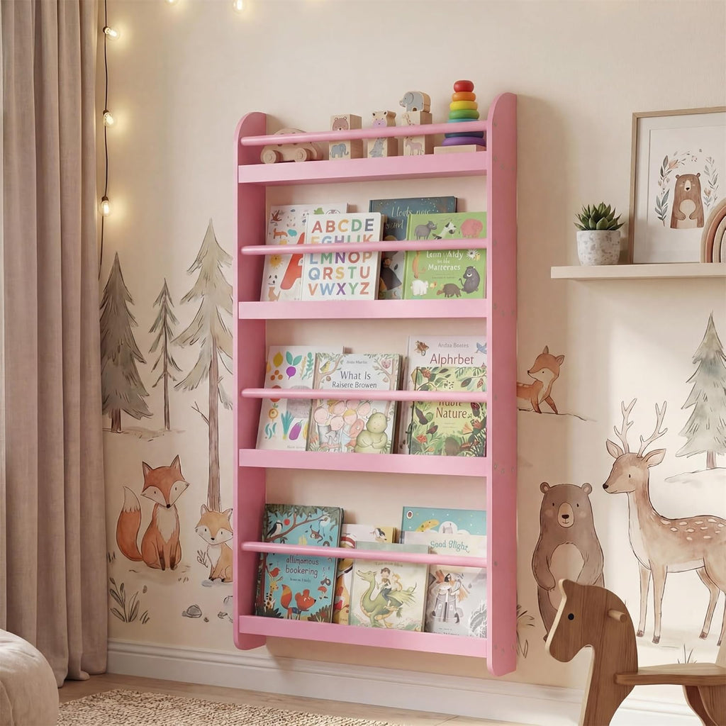 HONEY JOY Kids Bookshelf, Wall Mounted Shelf with Basswood Crossbar & Raised Edge, 4-Tier Bookshelf Organizer for Toys and Books, Space-Saving Wall Book Rack for Bedroom, Living Room, Nursery (Pink)