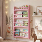 HONEY JOY Kids Bookshelf, Wall Mounted Shelf with Basswood Crossbar & Raised Edge, 4-Tier Bookshelf Organizer for Toys and Books, Space-Saving Wall Book Rack for Bedroom, Living Room, Nursery (Pink)