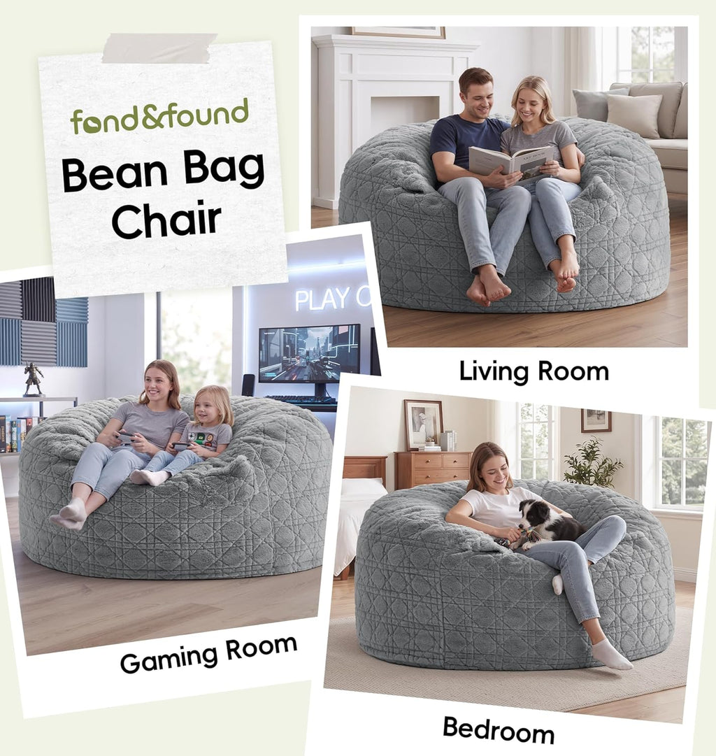 5FT Bean Bag Chair Oversized Bean Bags for Adults Large Bean Bag Beanbag Chair Washable Cover Quilted Plush Bean Bags Giant Memory Foam Bean Bag Chairs for Adults Pocket Bedrooms Living Room (Grey)