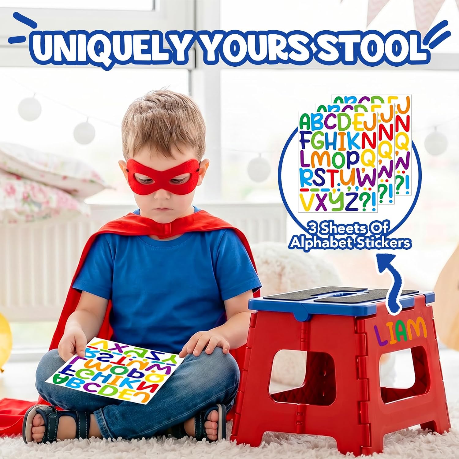Delxo 9 Inch Kids Step Stool,400Lbs Folding Step Stool for Toddler Red+Blue | Toddler Foot Stool,Includes 3 Letter Stickers & 2 Non-Slip Grip Pads, Sturdy Compact Collapsible Stool for Kitchen, Bathroom