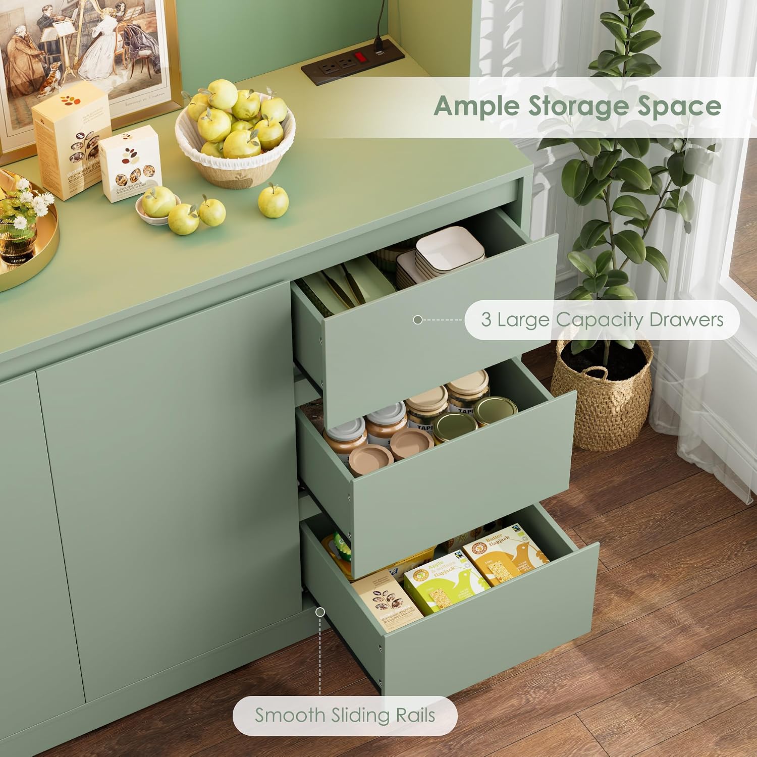 FINETONES 71" Kitchen Pantry Cabinet with LED Lights and Charging Station, Modern Kitchen Hutch Cabinets with Storage and Microwave Stand, Pantry Cabinet Buffet with Countertop, Green
