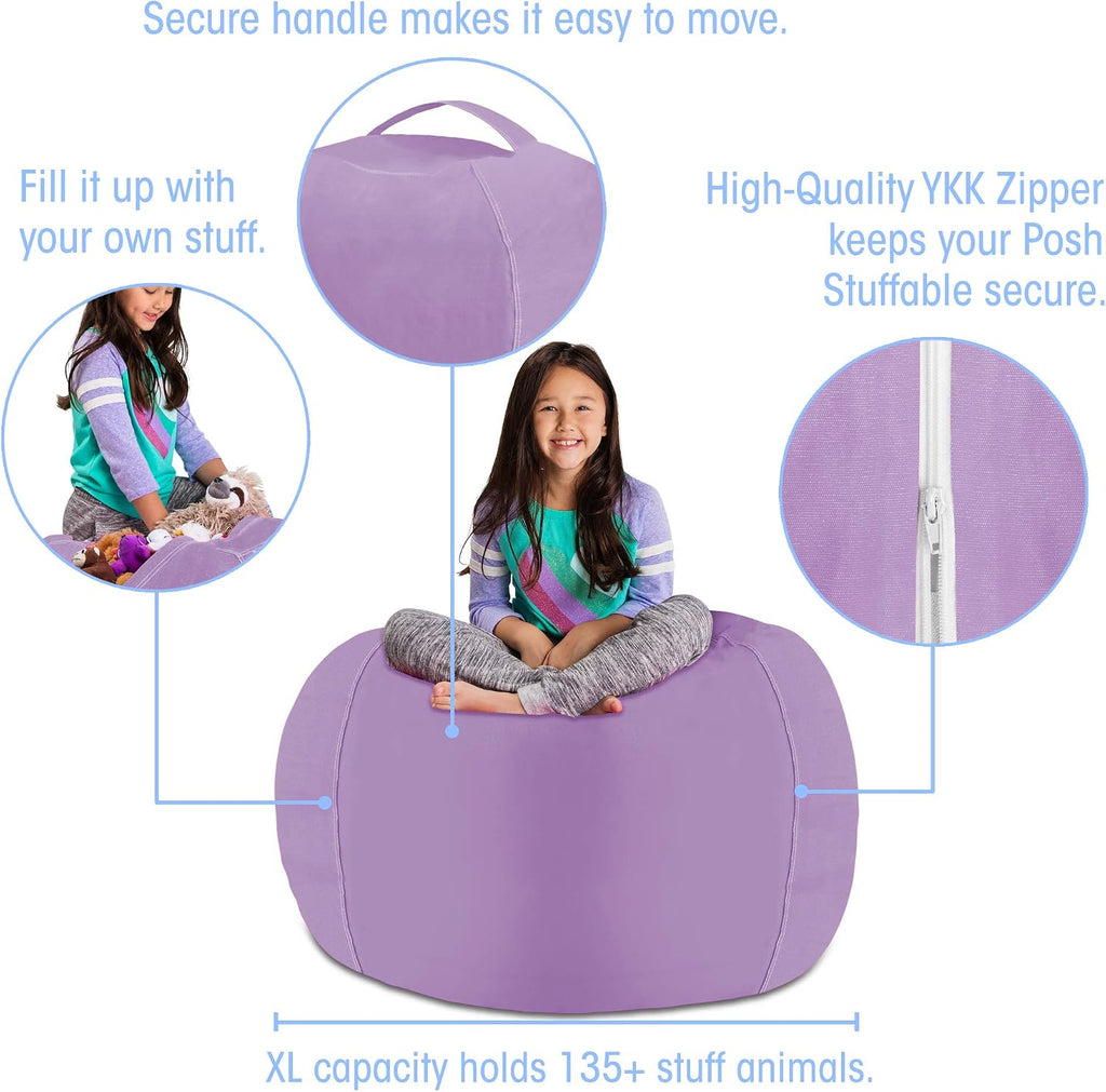 Posh Stuffable Kids Stuffed Animal Storage Bean Bag Chair Cover - Childrens Toy Organizer, X-Large 48" - Heather Lavender