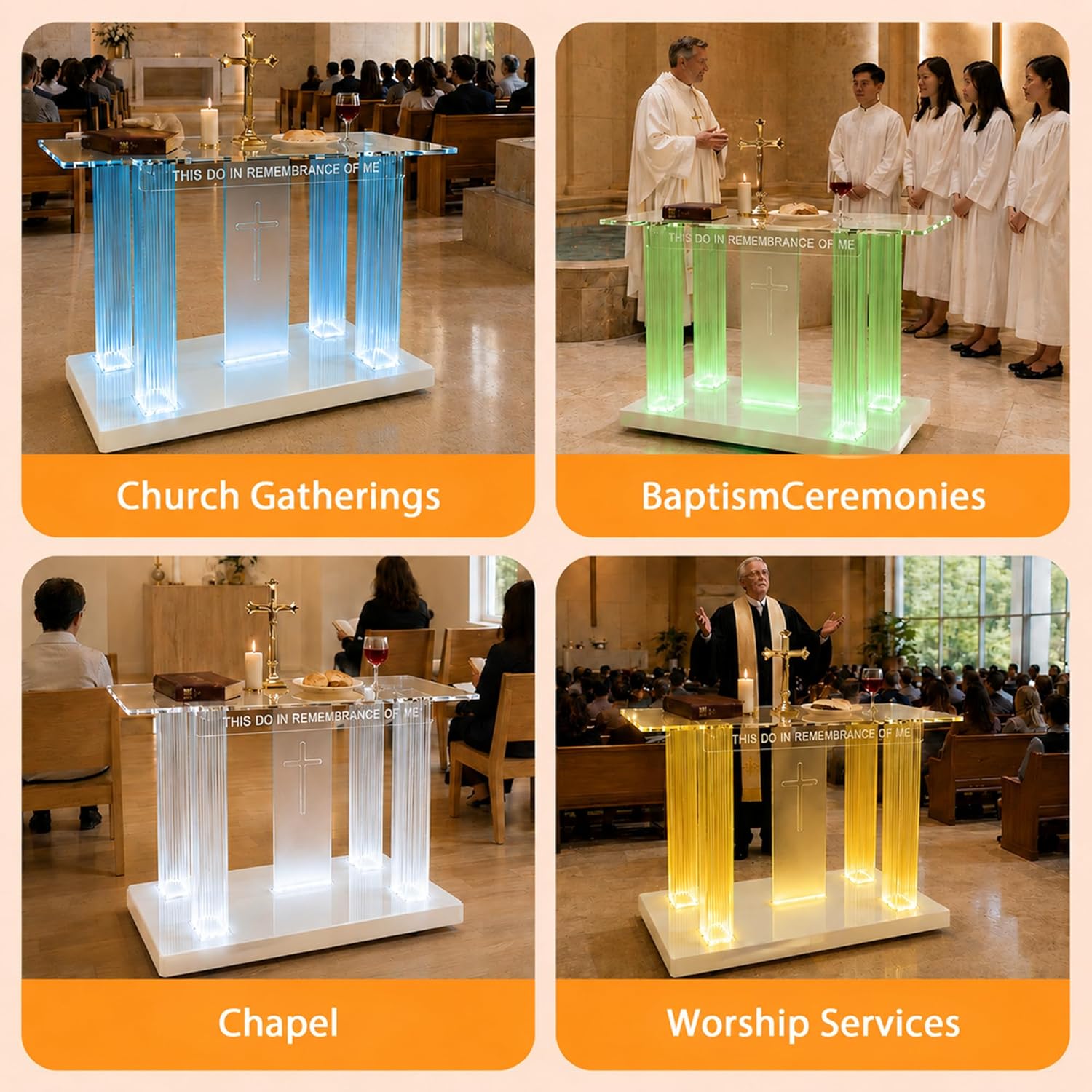 Clear Acrylic Holy Communion Table, Church Altar Table with LED Color Changing Lights & Remote Control, Mobile Worship Table with 4 Swivel Casters , Engraved Cross & Scripture for Church & Home Use
