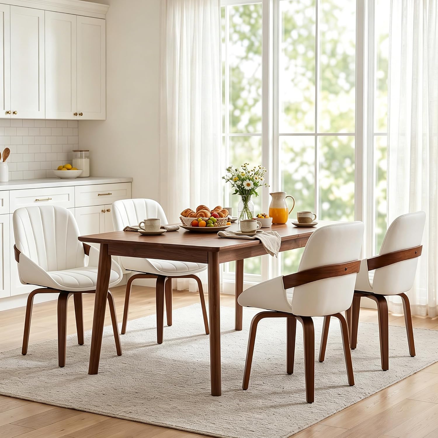 Swivel Dining Chairs Set of 4, Mid Century Modern Swivel Dining Chairs with Arms，Upholstered Kitchen & Dining Room Side Chairs with Solid Wood Legs for Living Room