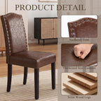 LSSBOUGHT PU Dining Chair Set of 2 Upholstered Parsons Kitchen Chair with Copper Nails and Solid Wood Legs for Dining Room,Restaurant(Brown, 2PCS)