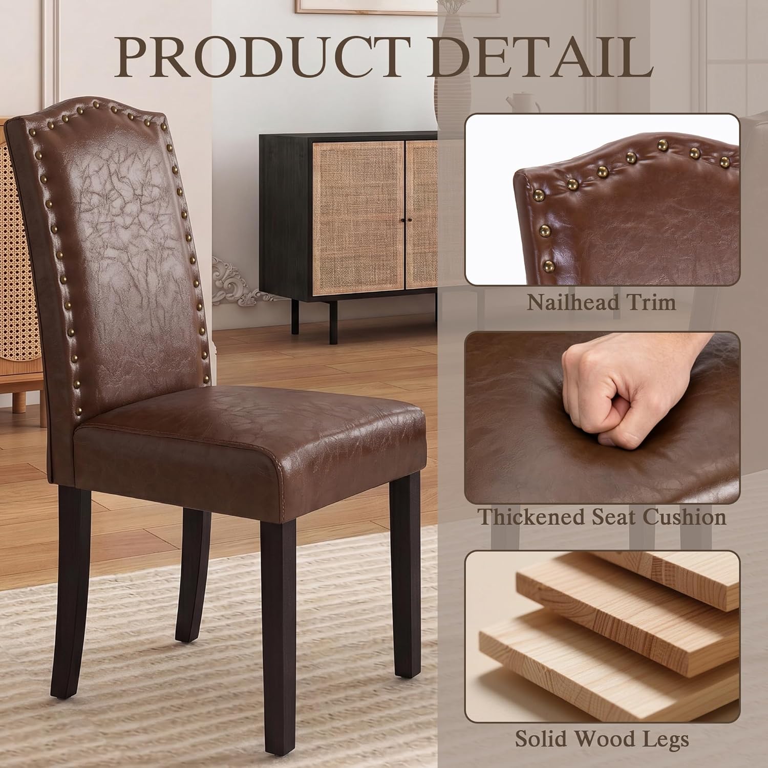 LSSBOUGHT PU Dining Chair Set of 2 Upholstered Parsons Kitchen Chair with Copper Nails and Solid Wood Legs for Dining Room,Restaurant(Brown, 2PCS)