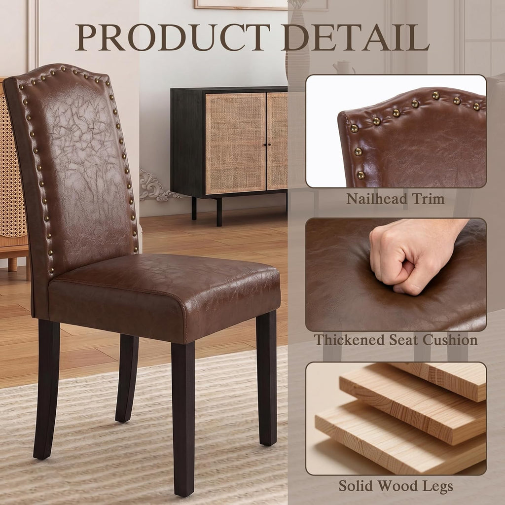 LSSBOUGHT PU Dining Chair Upholstered Parsons Kitchen Chair with Copper Nails and Solid Wood Legs for Dining Room,Restaurant (Brown, 4PCS)