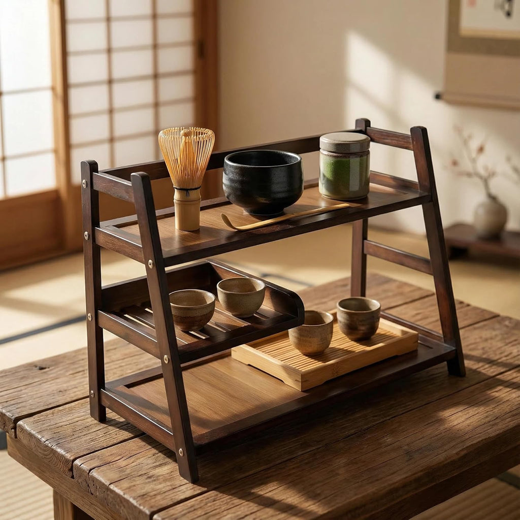 3 Tier Bamboo Matcha Station, coffee station organizer Shelf | for Kitchen Countertop, Tea Bar - Matcha Powder, Tools & Cup Organizer for Matcha Lovers, Home Baristas.