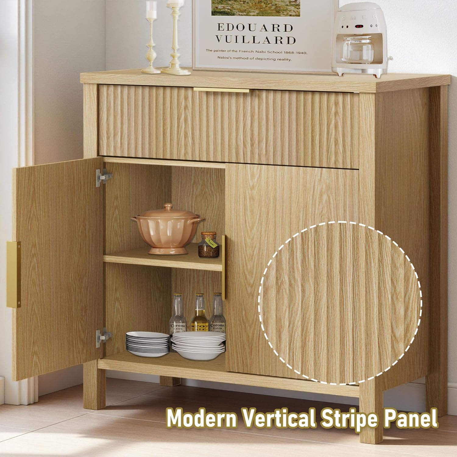 Fluted 55'' Sideboard Cabinet with Drawers,Large Storage Buffet 4 Doors and 2 Drawers Coffee Bar Console Table Storage for Dinning Room, Kitchen, Living Room (WOOD-32'')