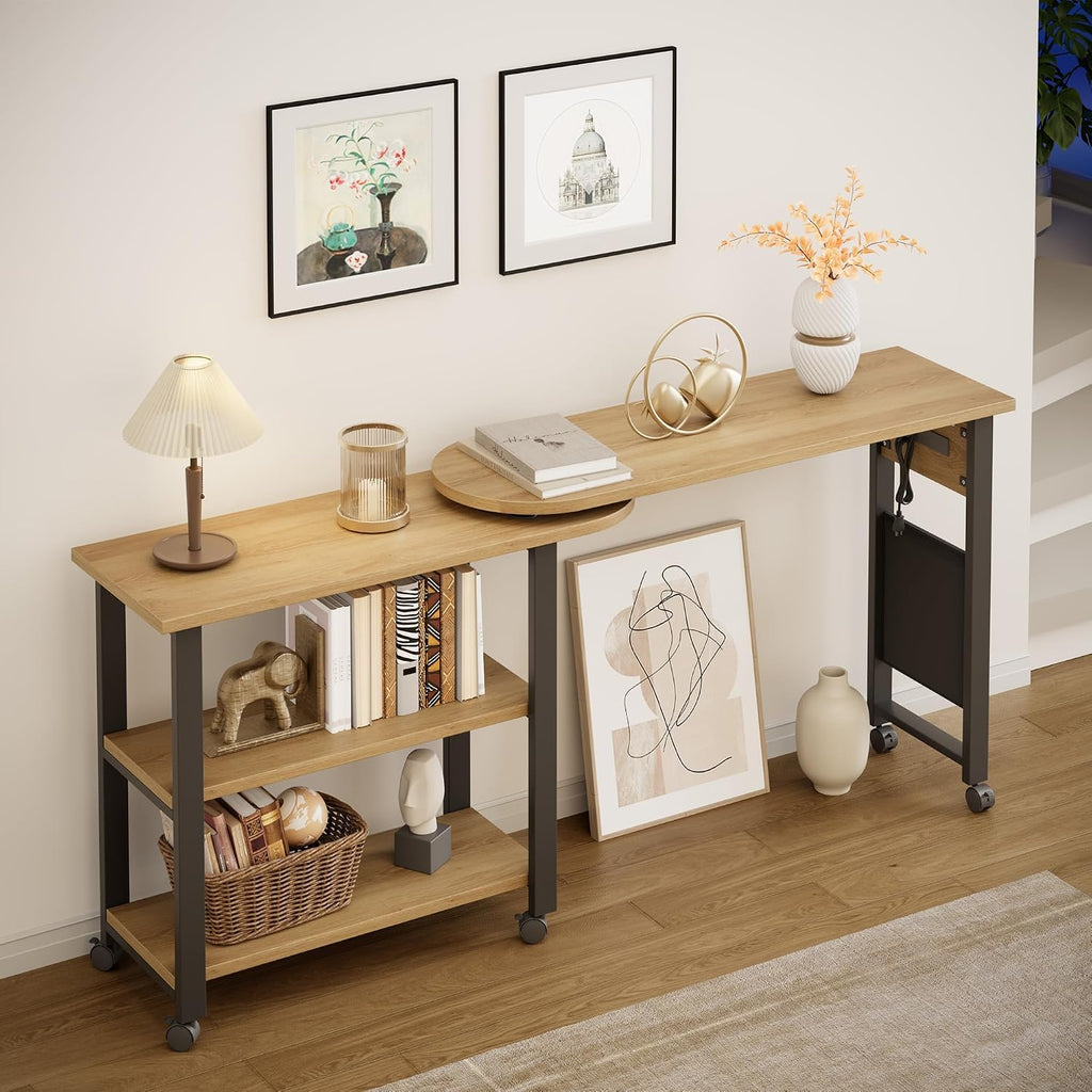 Takywep 360° Rotating Side Table with Storage, End Table with Charging Station, Swivel Coffee Table, Sofa Table with Storage, Rolling Side Table with 6 Lockable Wheels, for Home Office, Wood Color