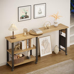 Takywep 360° Rotating Side Table with Storage, End Table with Charging Station, Swivel Coffee Table, Sofa Table with Storage, Rolling Side Table with 6 Lockable Wheels, for Home Office, Wood Color