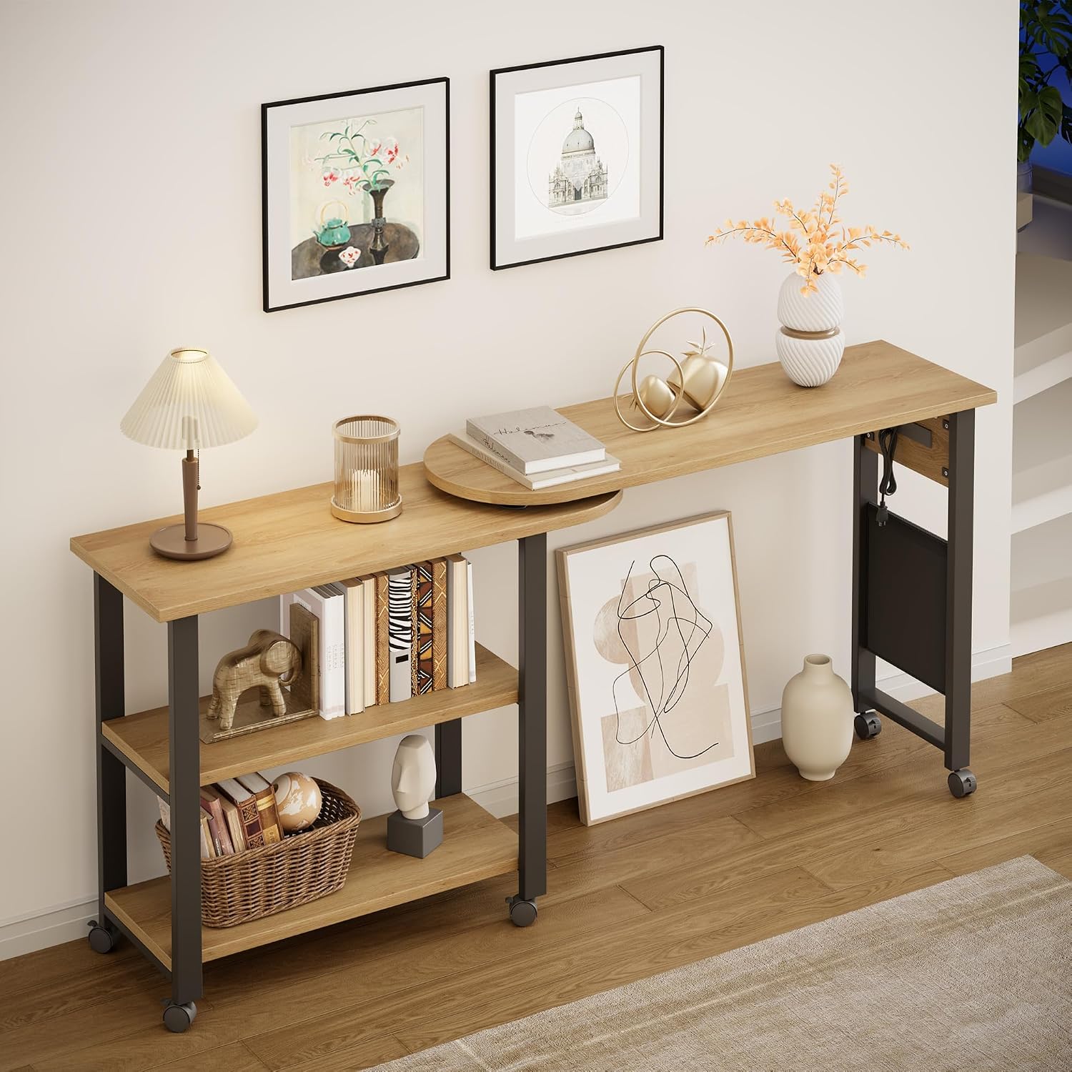 Takywep 360° Rotating Side Table with Storage, End Table with Charging Station, Swivel Coffee Table, Sofa Table with Storage, Rolling Side Table with 6 Lockable Wheels, for Home Office, Wood Color