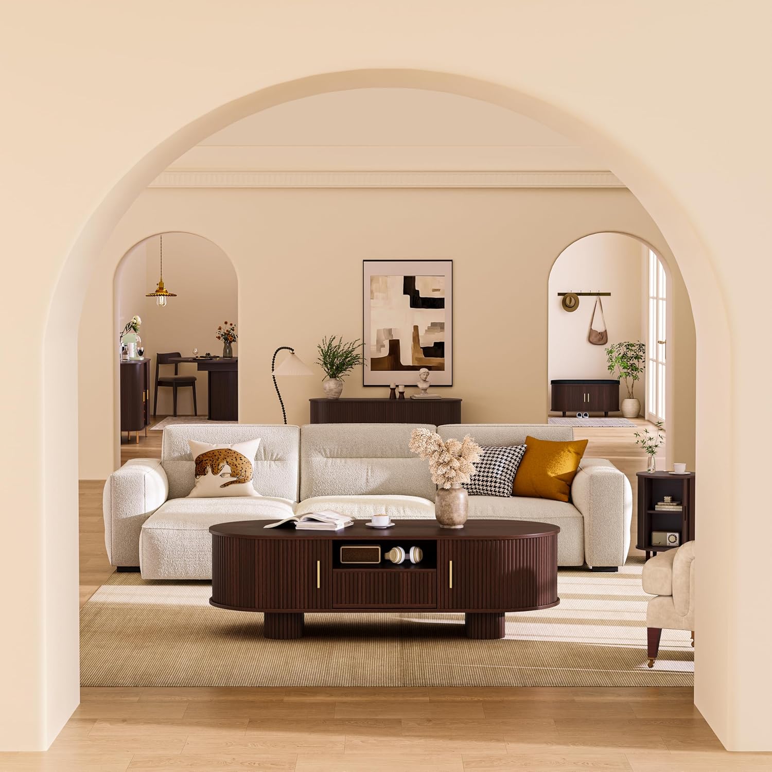 55.1" Oval Coffee Tables with Storage,Fluted Mid Century Modern Center Table with Drawer,Accent Coffee Table with Sliding Door for Living Room Small Space (Walnut)