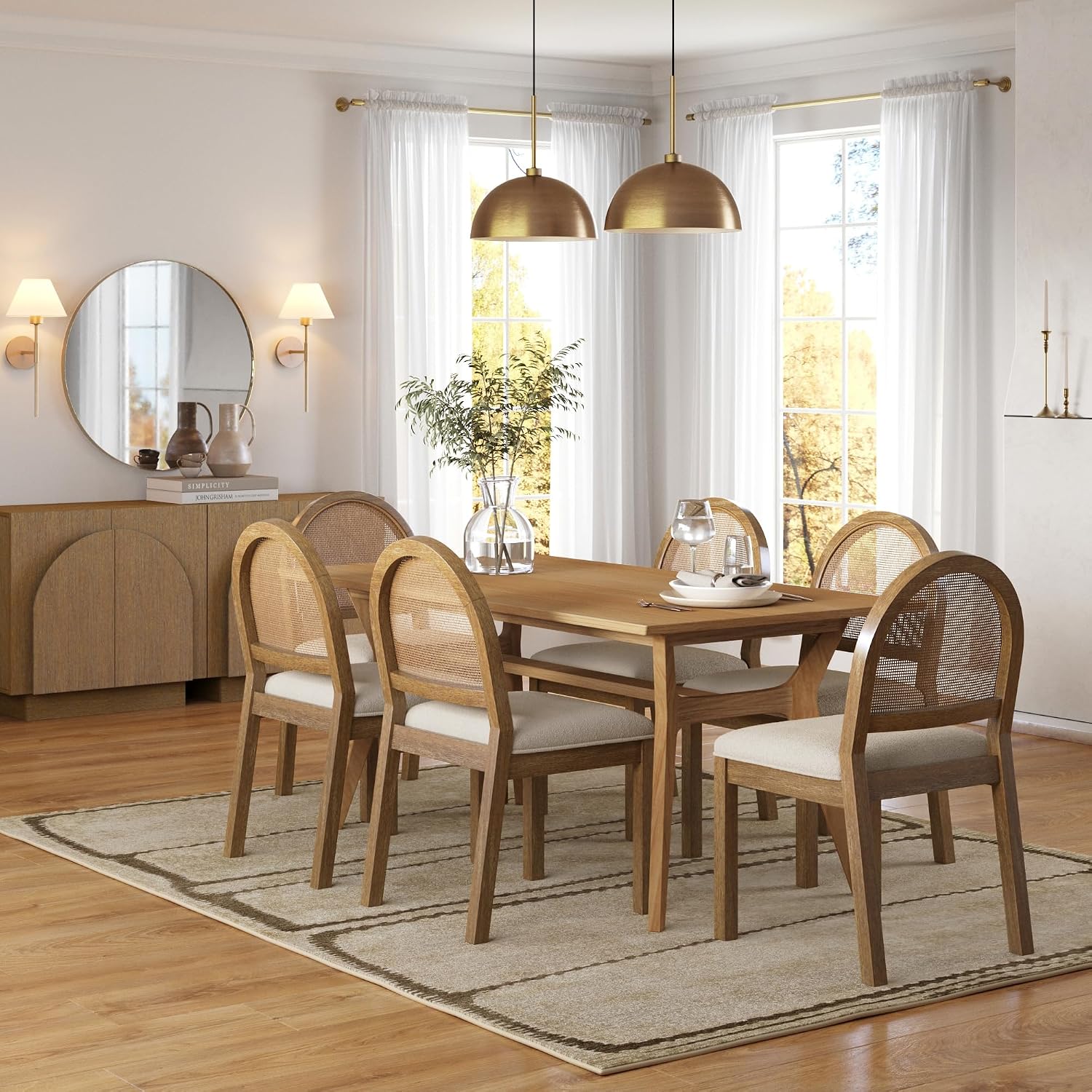 Nathan James Bailey 19 in. Boucle Dining Chair, Upholstered Side Chair with Natural Woven Rattan Back and Solid Wood Legs, Light Brown