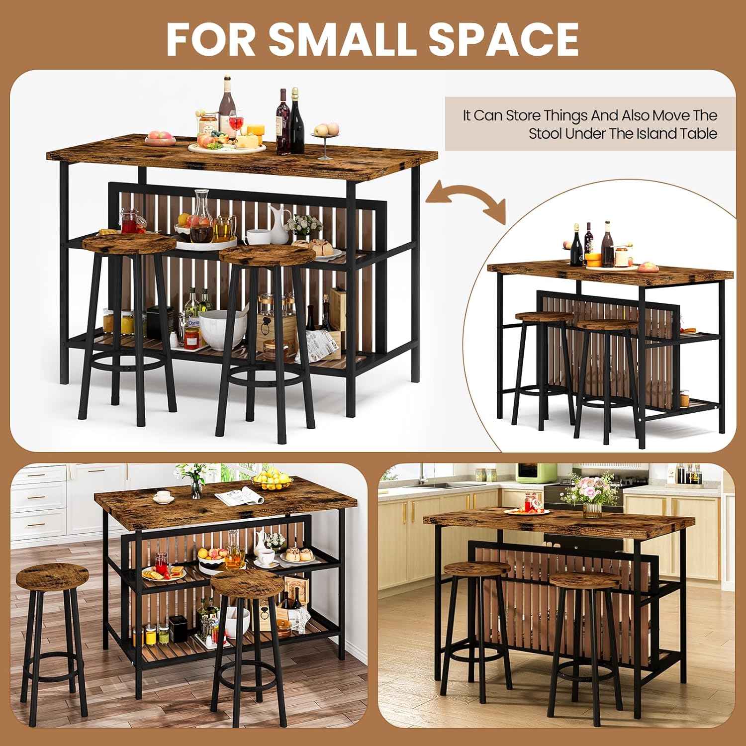 DKLGG Kitchen Island with Seating & Storage, Farmhouse Dining Table Set for 2, Space-Saving 3 Piece Dining Set Table & Chairs Island Table for Kitchen, Apartment, Dining Room, Rustic Brown