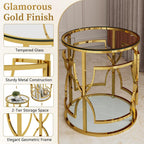 Polibi 19.7" Round Gold Metal End Table with Tempered Glass Top & 2-Tier Shelf, Luxury Side Table for Living Room, Bedroom, Small Apartment, Office (Transparent)