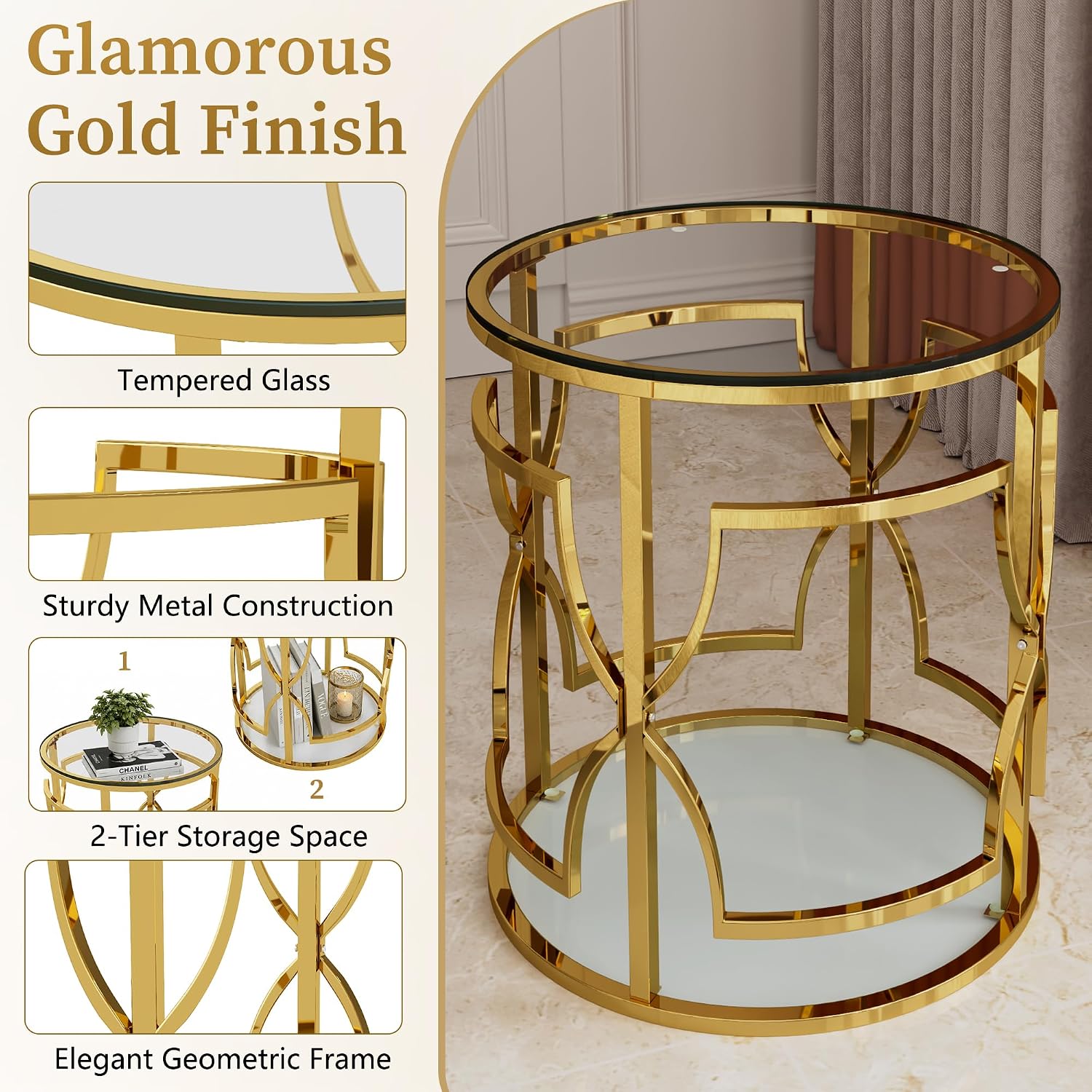 Polibi 19.7" Round Gold Metal End Table with Tempered Glass Top & 2-Tier Shelf, Luxury Side Table for Living Room, Bedroom, Small Apartment, Office (Transparent)