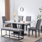 63" White Modern Dining Table Set for 6,6-Piece Faux Marble Dining Room Table Set with 4 Tufted High-Back Upholstered Chairs and Bench,18" Thick Kitchen Table with Bench and Chairs Set for Family