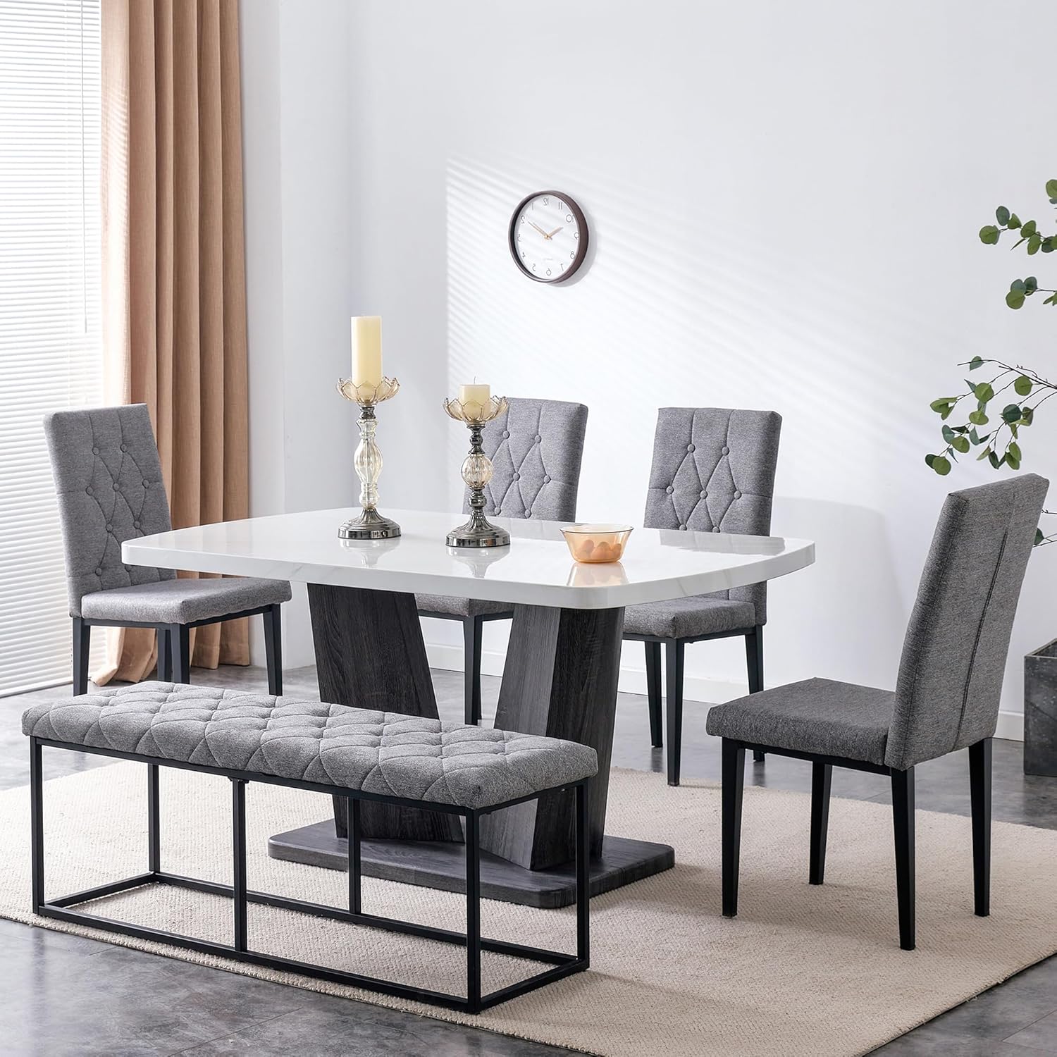 63" White Modern Dining Table Set for 6,6-Piece Faux Marble Dining Room Table Set with 4 Tufted High-Back Upholstered Chairs and Bench,18" Thick Kitchen Table with Bench and Chairs Set for Family