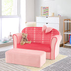HONEY JOY Pink Toddler Couch, Comfy Chair w/Ottoman, Cute Bow, Lightweight Playroom Furniture w/Velvet Cover & Wooden Frame, Princess Style Loveseat for Bedroom, Kids Sofa for Girls Boys