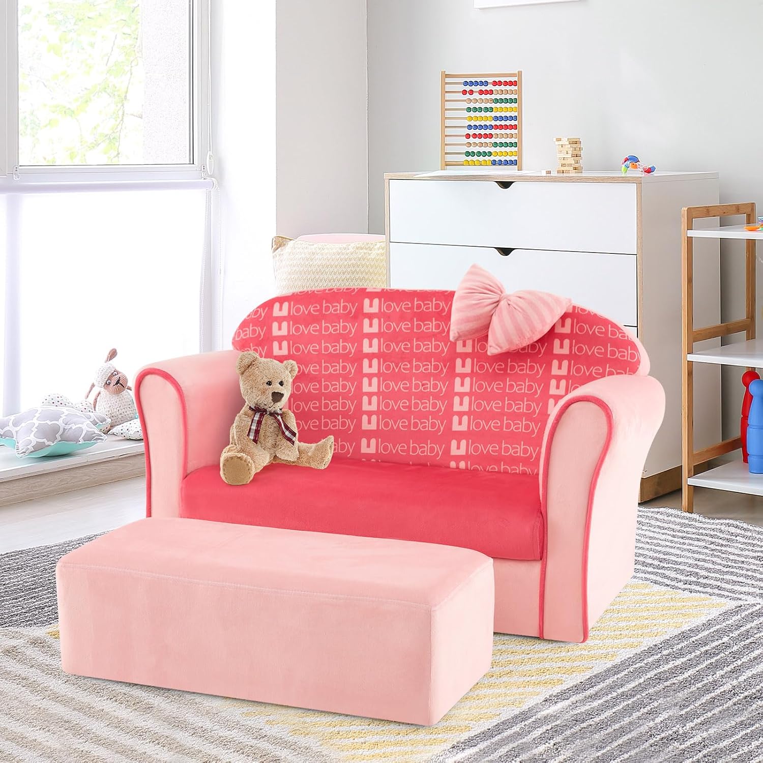 HONEY JOY Pink Toddler Couch, Comfy Chair w/Ottoman, Cute Bow, Lightweight Playroom Furniture w/Velvet Cover & Wooden Frame, Princess Style Loveseat for Bedroom, Kids Sofa for Girls Boys
