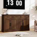 Farmhouse Buffet Sideboard with Storage, 64" Wood Credenza with 3 Drawers & 4 Doors, Walnut Cabinet for Kitchen, Entryway, Coffee Bar