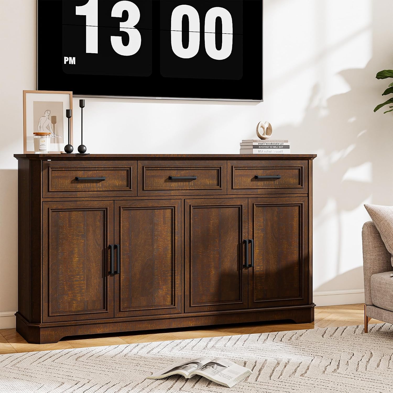 Farmhouse Buffet Sideboard with Storage, 64" Wood Credenza with 3 Drawers & 4 Doors, Walnut Cabinet for Kitchen, Entryway, Coffee Bar