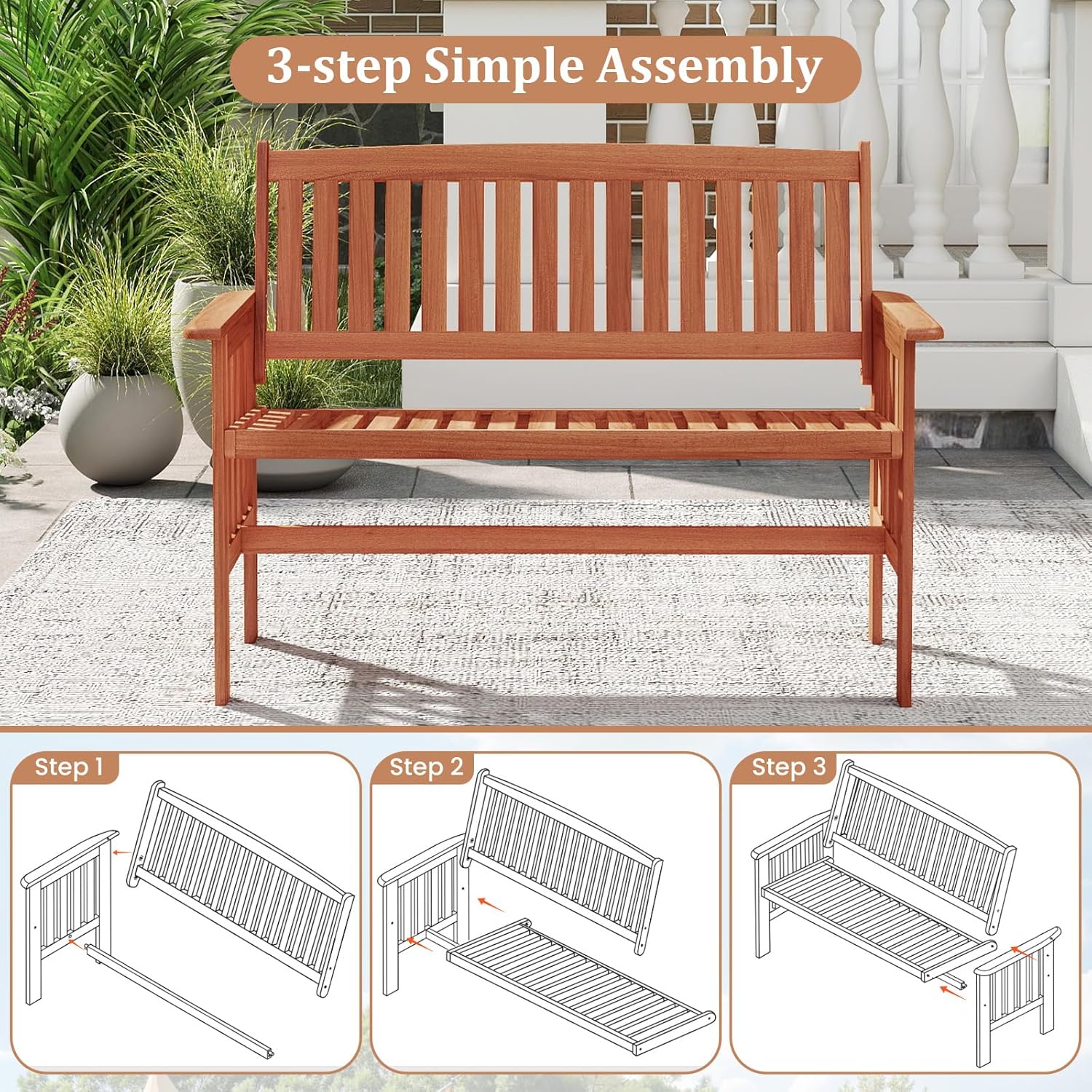 Tangkula Outdoor Wood Garden Bench, 2-Person Patio Park Bench with Backrest, Armrests and Slatted Seat, Outside Loveseat Furniture for Front Porch, Balcony, Deck and Yard