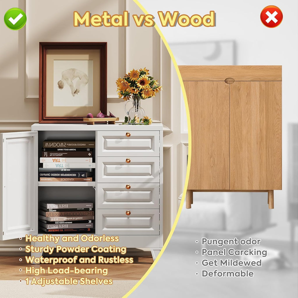 Bathroom Storage Cabinet with 4 Drawers,Metal Bathroom Floor Cabinet with Door and Shelves,Toilet Paper Storage Cabinet for Bathroom, 33" H x 31.5" W x 15.75" D,White