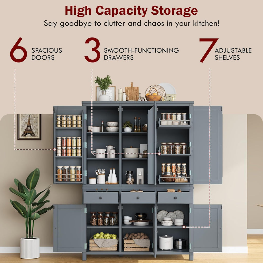 Pantry Storage Cabinet with Door Shelves and Drawers, Freestanding Tall Cupboard with Adjustable Shelves and Pull-Out Trays (Gray)