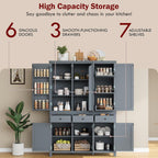 Pantry Storage Cabinet with Door Shelves and Drawers, Freestanding Tall Cupboard with Adjustable Shelves and Pull-Out Trays (Gray)