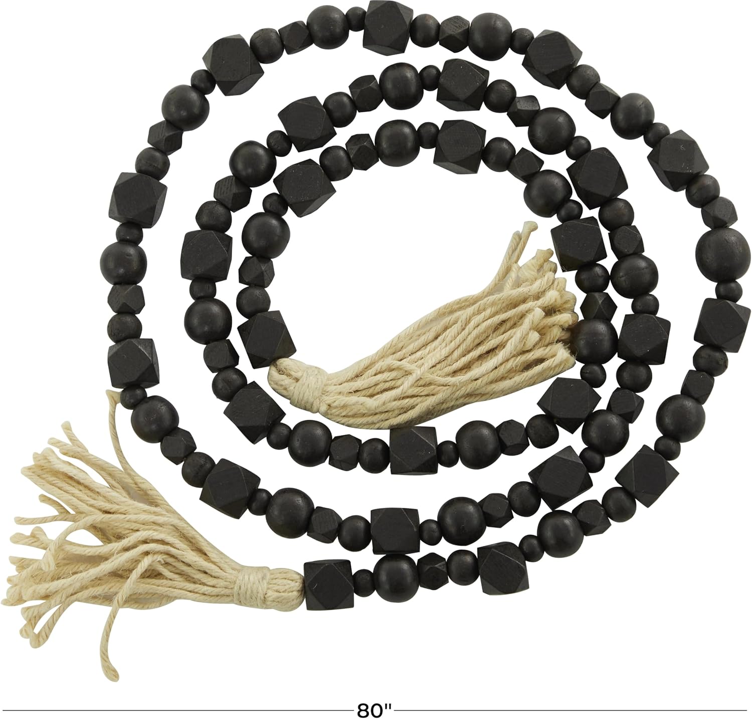 Deco 79 Wood Geometric Handmade Beaded Garland with Tassel, 1" x 1" x 80", Black