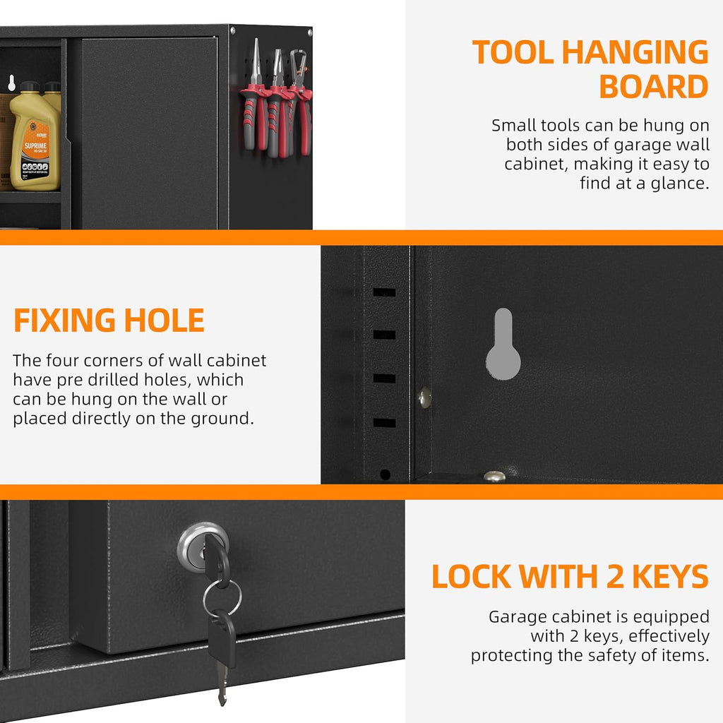 Garage Wall Cabinet, Metal Wall Cabinet with 2 Doors | 26'' Black Wall Mounted Floating Tool Cabinets for Home Office, Warehouse, Kitchen, Bathroom, Utility Room