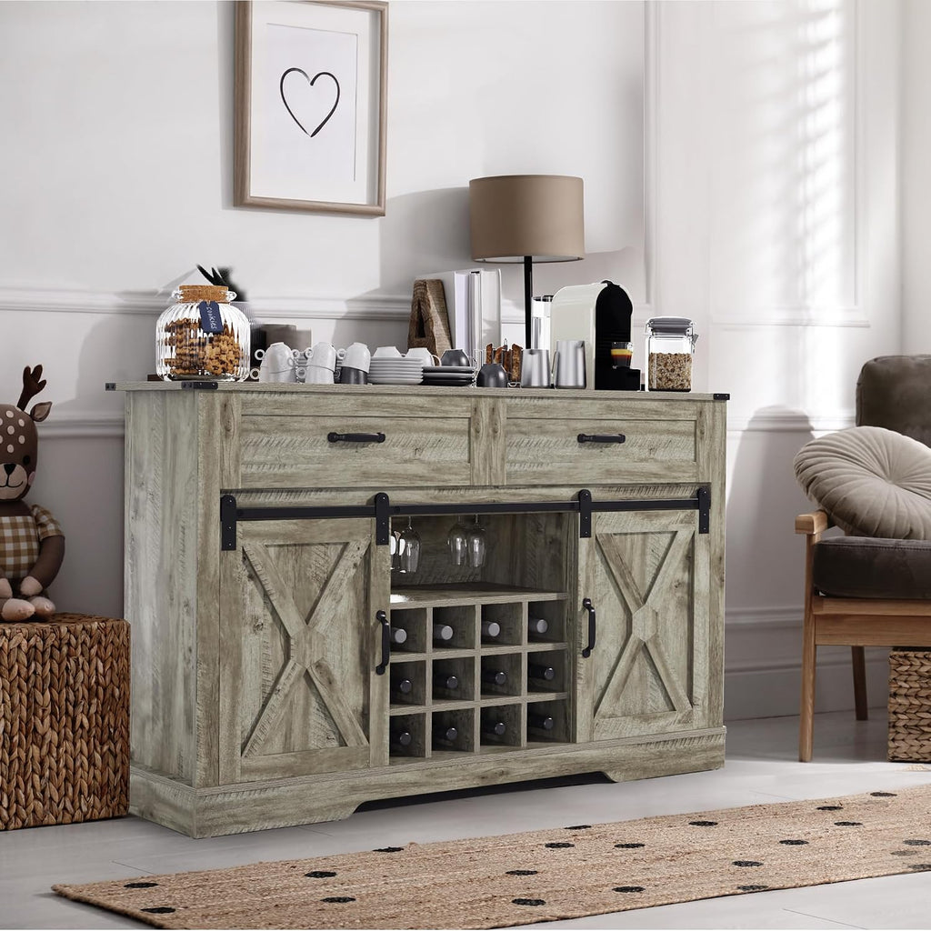RoyalCraft 52'' Coffee Bar Cabinet with Storage, Farmhouse Sideboard Buffet with with Doors and Shelves, Light Grey
