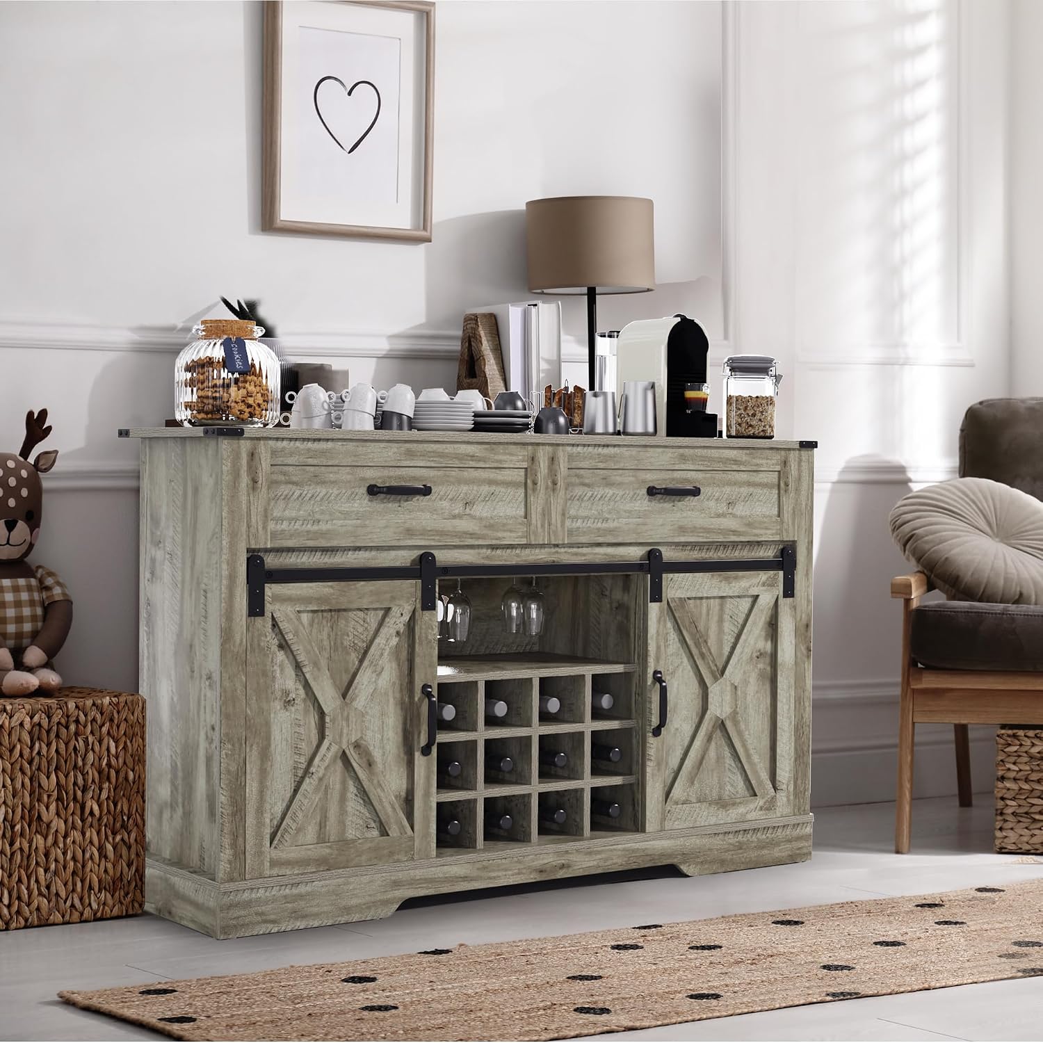 RoyalCraft 52'' Coffee Bar Cabinet with Storage, Farmhouse Sideboard Buffet with with Doors and Shelves, Light Grey