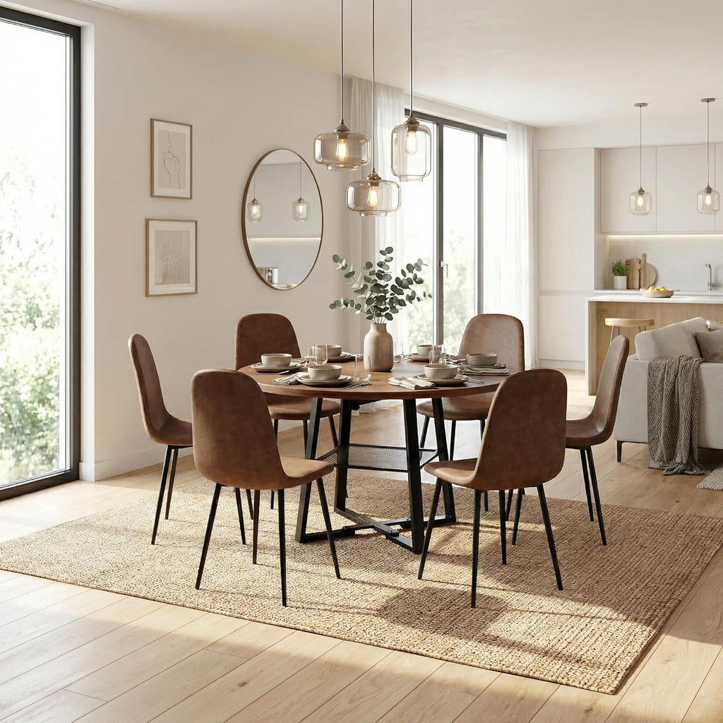 47-59" Round Dining Table Set for 6, Extendable Round Dining Table with Chairs, Wood Table and Chairs Set with Storage Shelf, Modern Dining Room Table Set for 6