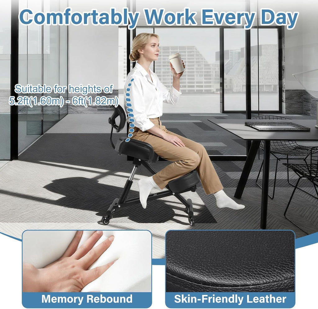 Ergonomic Kneeling Chair with Back Support Height Adjustable PU Stool for Home Office Thick Moulded Foam Cushions Brake Casters Desk Chair to Relieve Back Discomfort