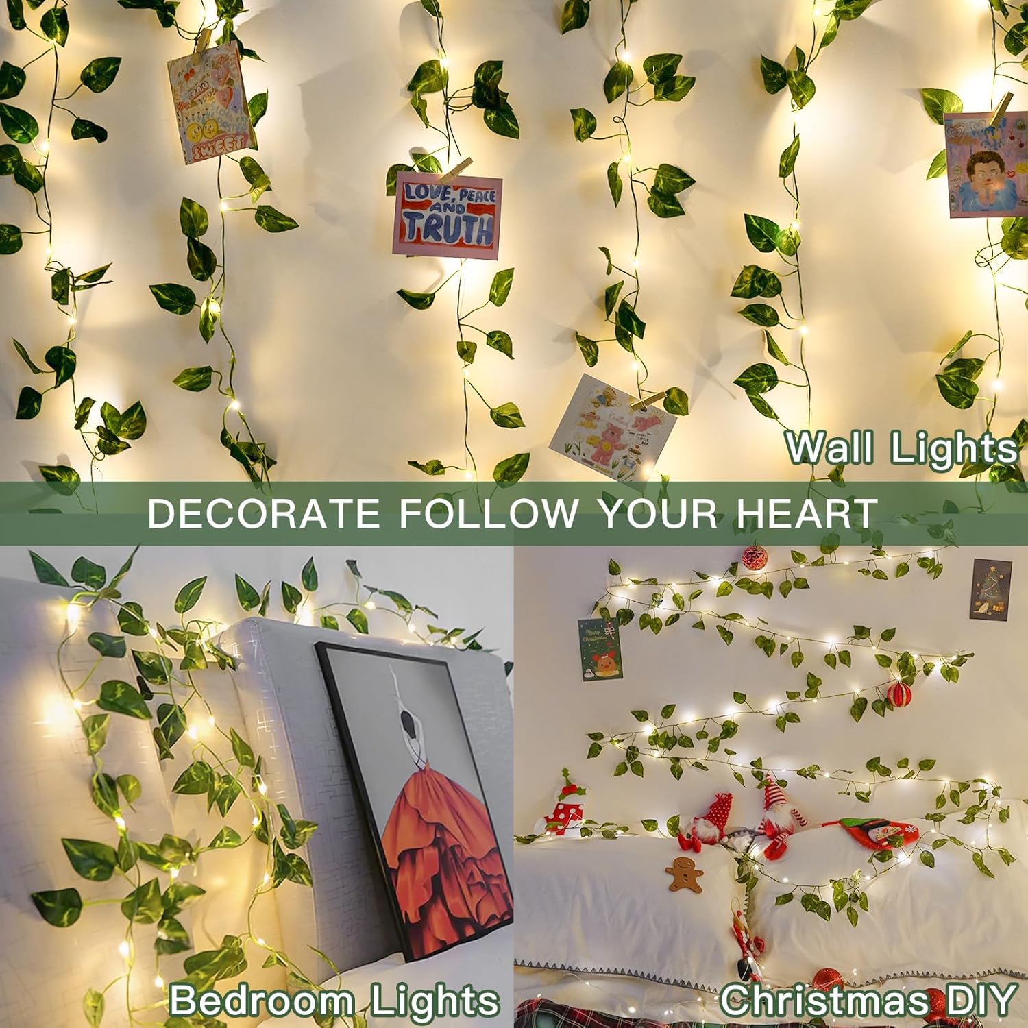 suddus Vine with Fairy Lights Battery Operated, 33ft100 LED Pothos String Lights with Remote, Leaf Lights for Bedroom, Room, Wall, Garden, Party, Wedding Dorm Decor(Warm White)